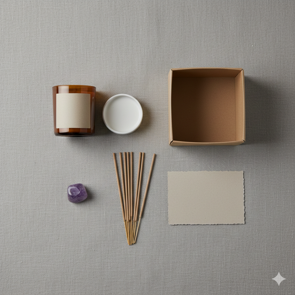 Minimalist flat-lay of night-time ritual kit on neutral fabric background