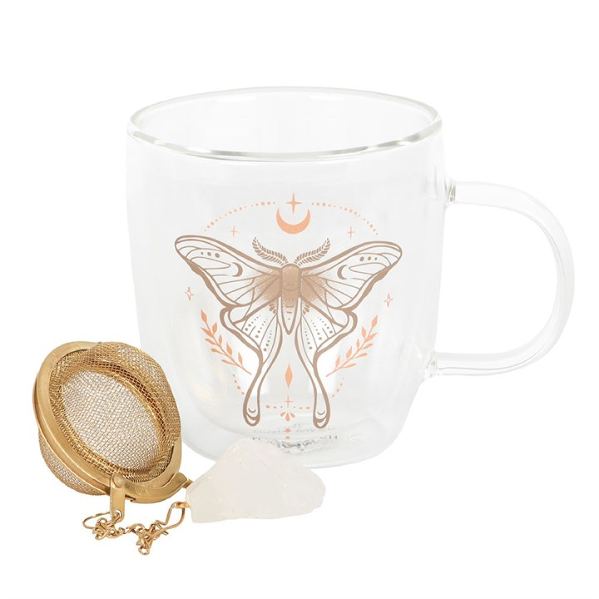 Luna Moth Glass Mug with Clear Quartz Infuser – Double-Walled Design