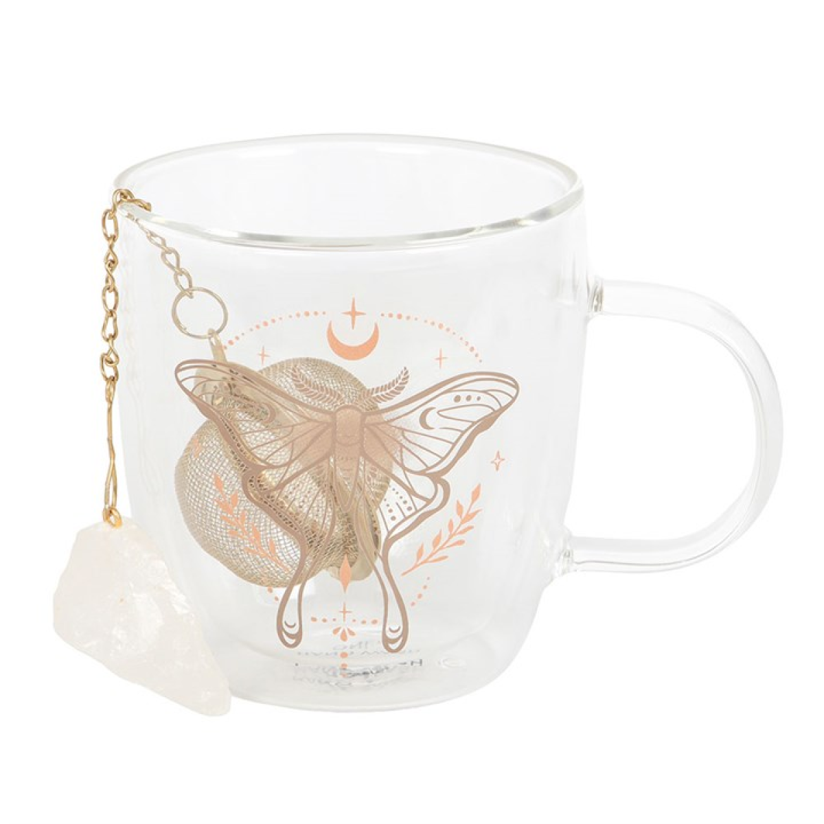 Luna Moth Glass Mug with Clear Quartz Infuser – Double-Walled Design
