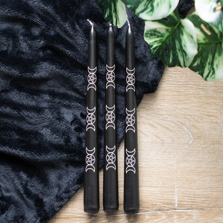 Set of 3 Black Triple Moon Candles – Mystical Taper Candles for Rituals & Home Décor