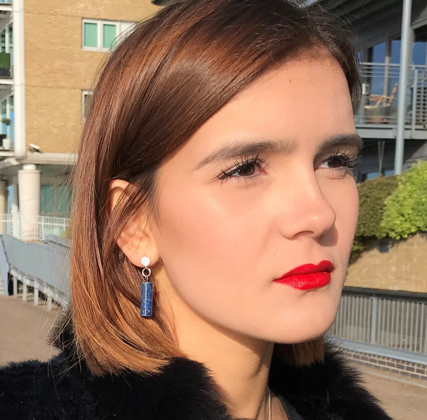 Lapis Lazuli & Sterling Silver Stud Earrings – Handmade Cylinder Gemstone Earrings with Sparkle Detail