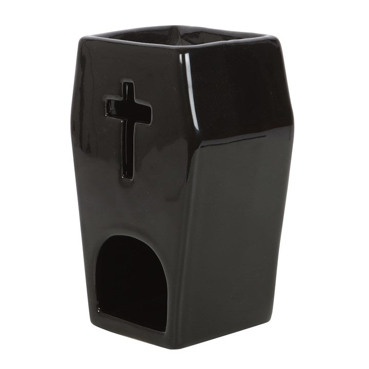Black Coffin Oil Burner with Cut-Out Cross – Gothic Home & Ritual Aroma Décor