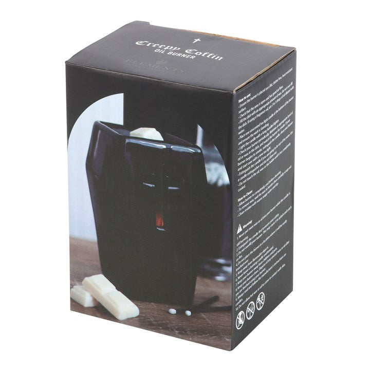 Black Coffin Oil Burner with Cut-Out Cross – Gothic Home & Ritual Aroma Décor