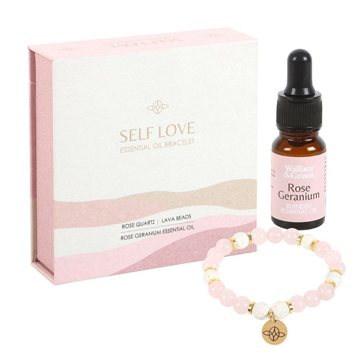 Self Love Lava Bead Bracelet & Rose Geranium Oil Gift Set – Rose Quartz Healing Jewellery for Confidence & Care