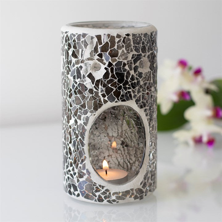 Gunmetal Grey Pillar Oil Burner – Mirrored Crackle Wax & Fragrance Diffuser for Balance & Inner Vision
