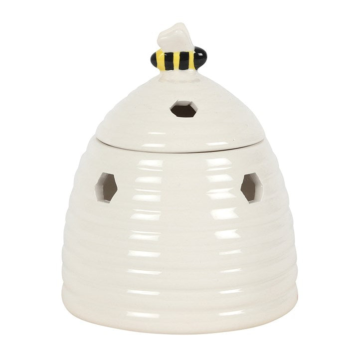 White Beehive Oil Burner – Ceramic Aroma Burner with Honeycomb Cutouts & Bee Detail
