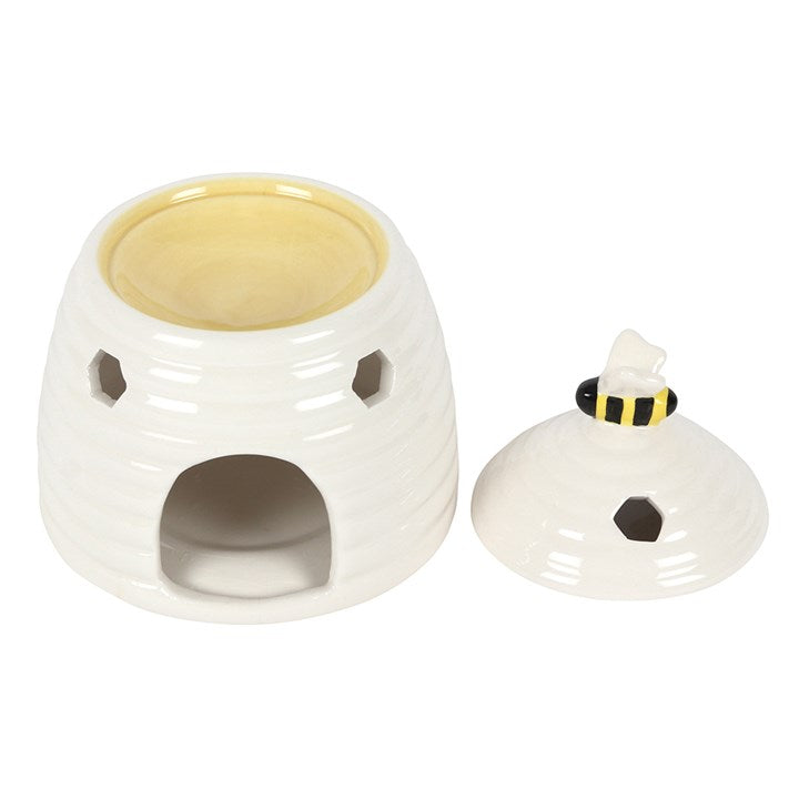White Beehive Oil Burner – Ceramic Aroma Burner with Honeycomb Cutouts & Bee Detail