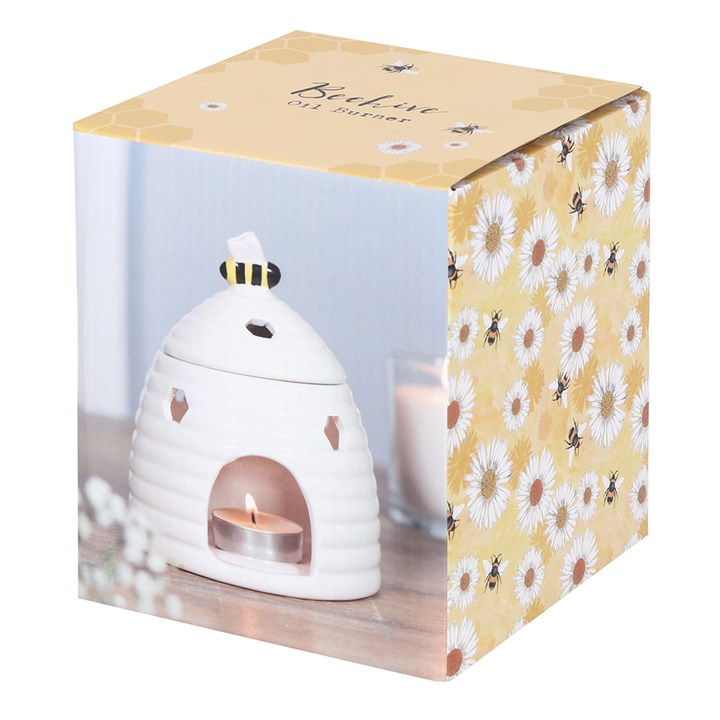White Beehive Oil Burner – Ceramic Aroma Burner with Honeycomb Cutouts & Bee Detail