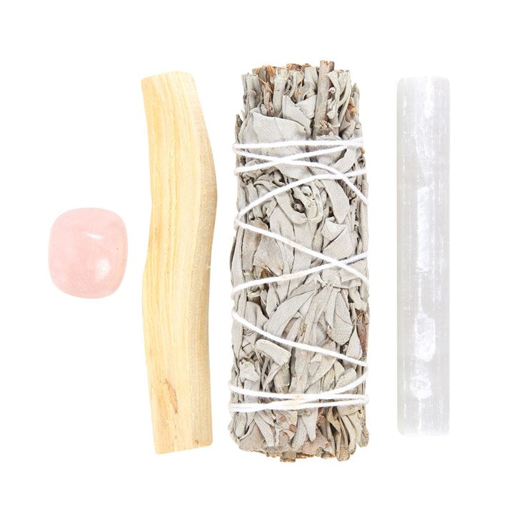 White Sage, Palo Santo & Rose Quartz Smudge Kit – For Cleansing, Love & Spiritual Harmony
