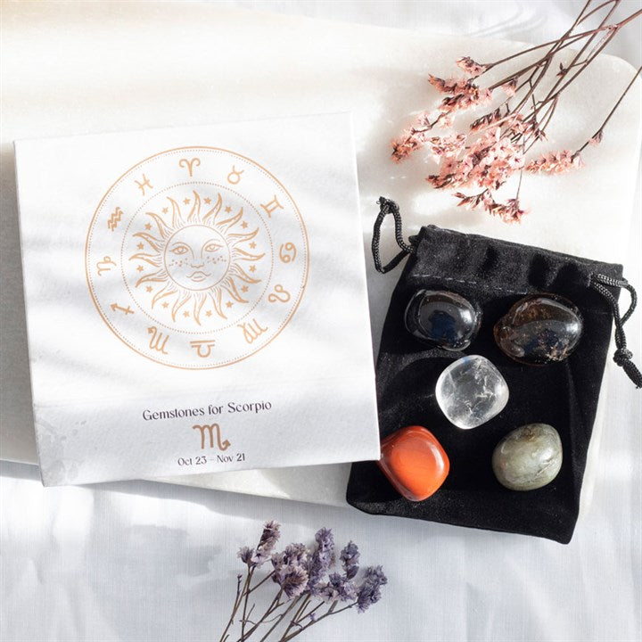 Scorpio Zodiac Crystal Gift Set – Smokey Quartz, Obsidian, Labradorite, Red Jasper & Clear Quartz in Luxury Box
