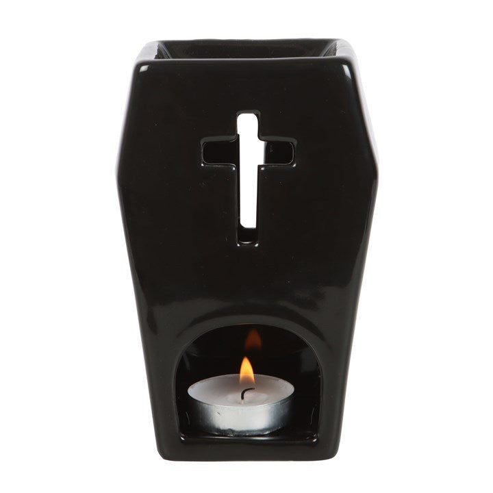 Black Coffin Oil Burner with Cut-Out Cross – Gothic Home & Ritual Aroma Décor