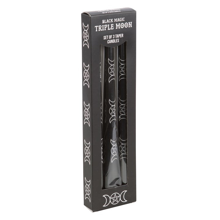 Set of 3 Black Triple Moon Candles – Mystical Taper Candles for Rituals & Home Décor