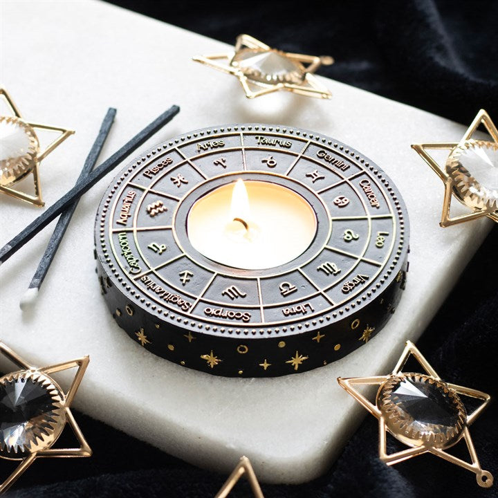 Astrology Wheel Tealight Holder – Celestial Gold-Detail Candle Holder for Rituals & Home Décor