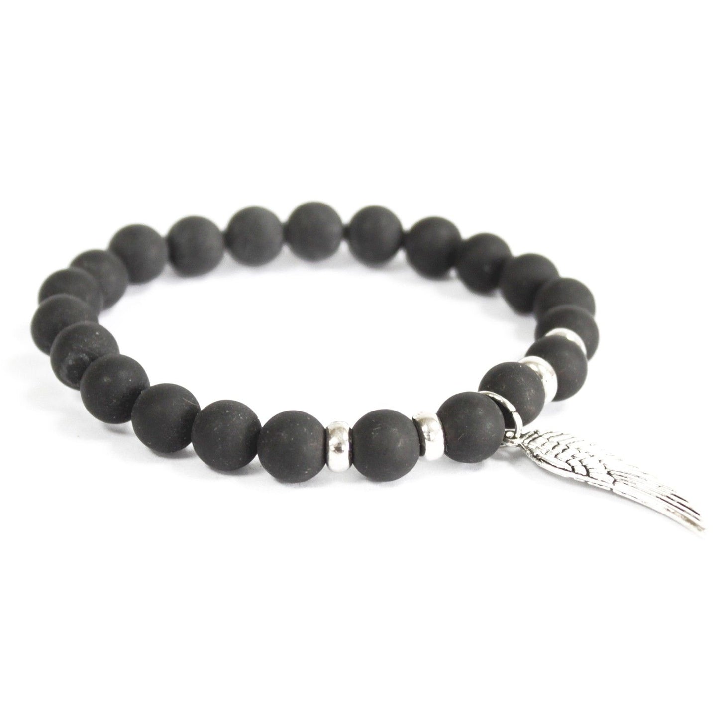 Black Agate Gemstone Bracelet with Angel Wing Charm