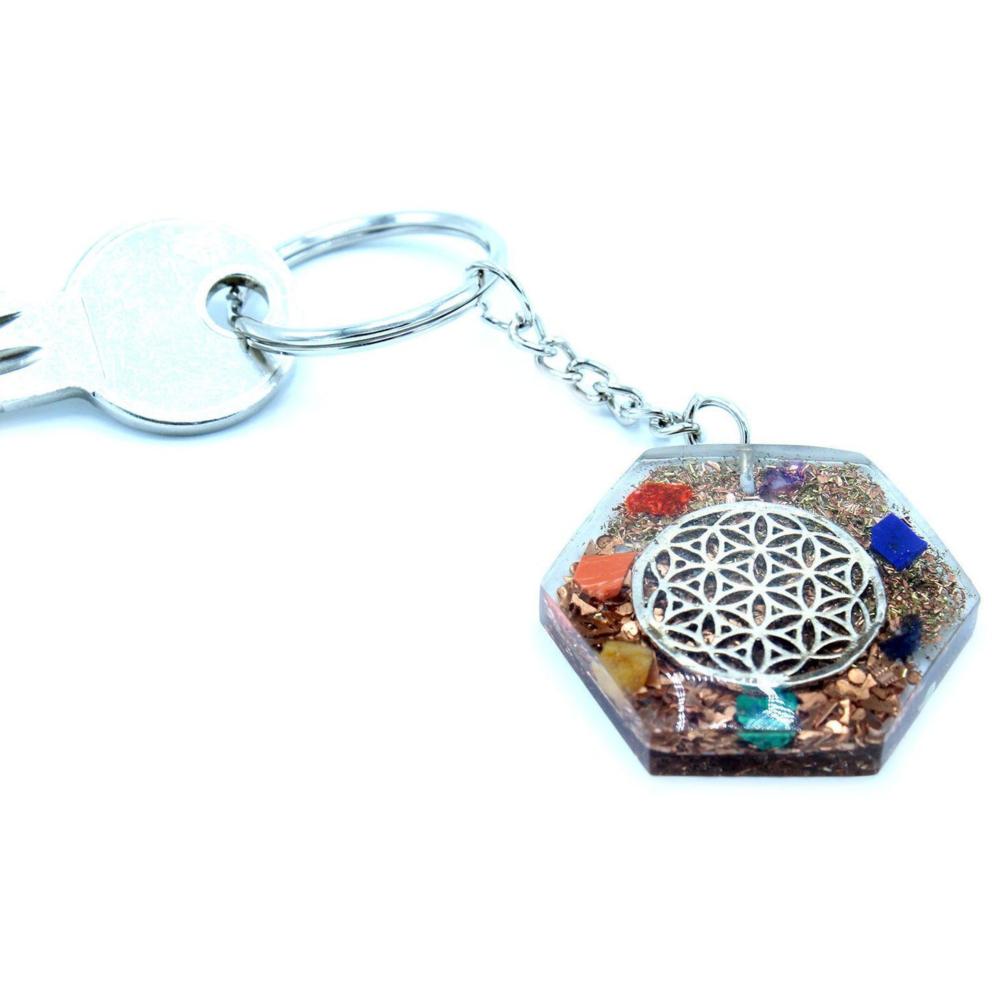 Orgonite Power Keyring – Octagon Flower of Life with 7 Chakra Stones