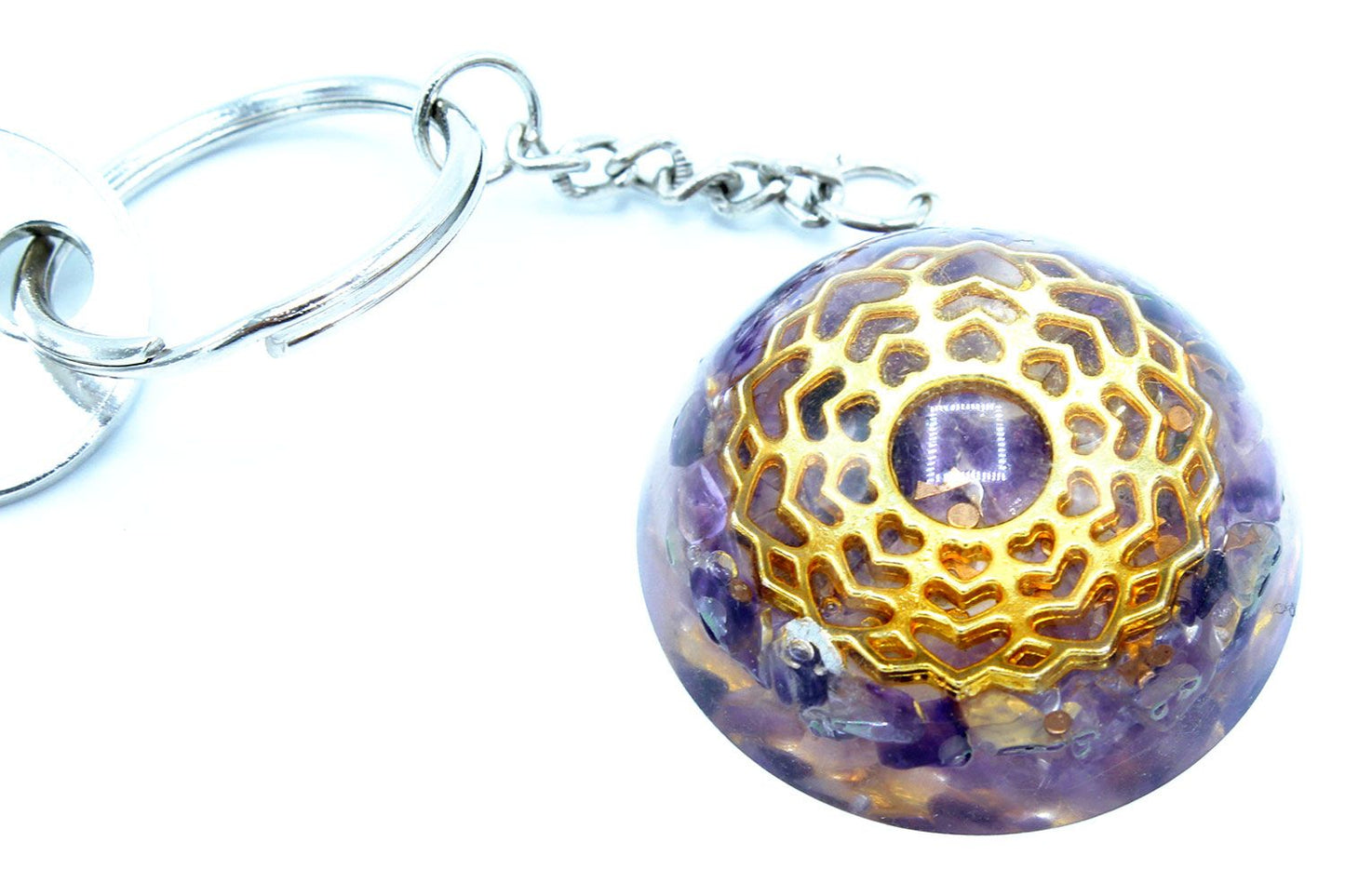 Orgonite Power Keyring – Amethyst Mandala Hearts