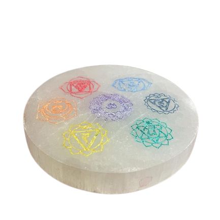 Selenite Charging Plate – 8cm Chakra Design (Colour)