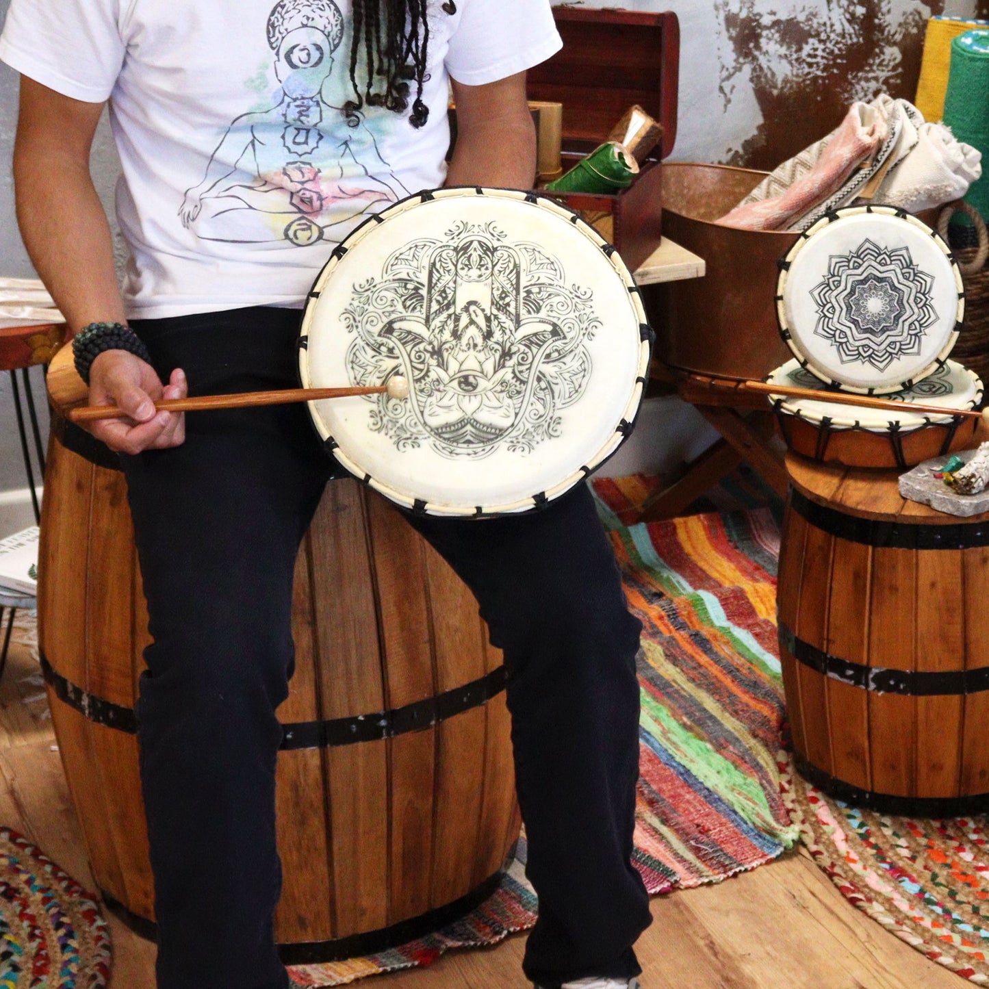 Hamsa Shamanic Drum with Two Sticks – 30cm | Rhythm, Protection & Sacred Energy