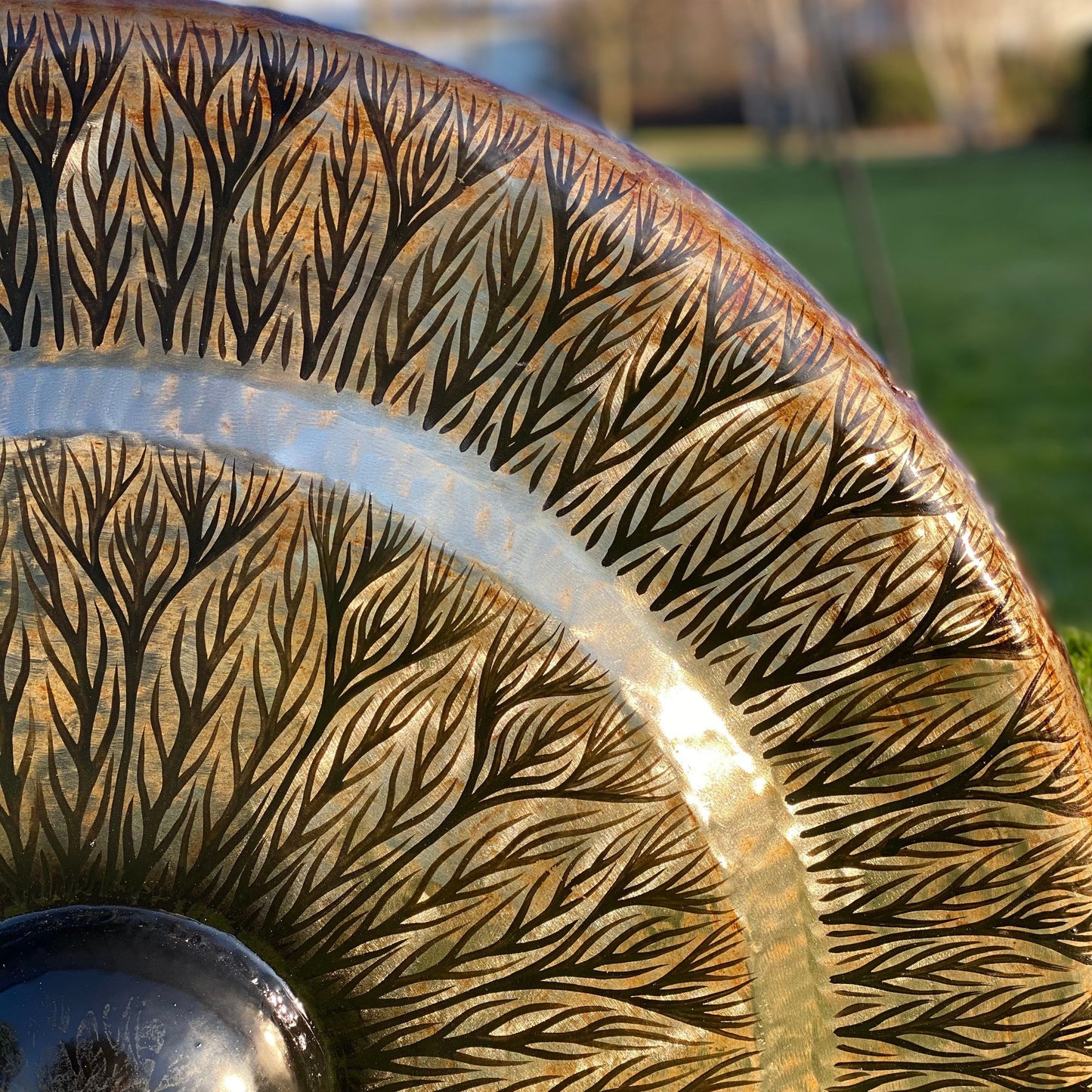 Large Gong in Brown Antique Stand – 80cm Black Pattern | Handmade in Bali