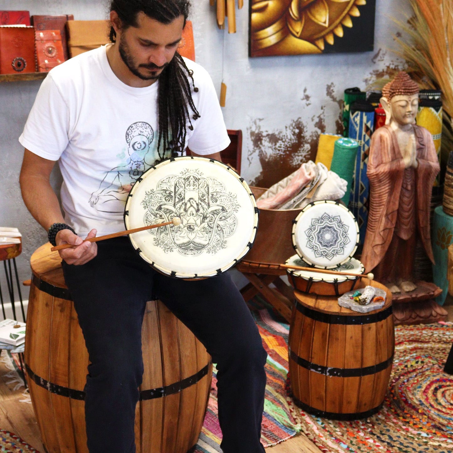 Hamsa Shamanic Drum with Two Sticks – 30cm | Rhythm, Protection & Sacred Energy