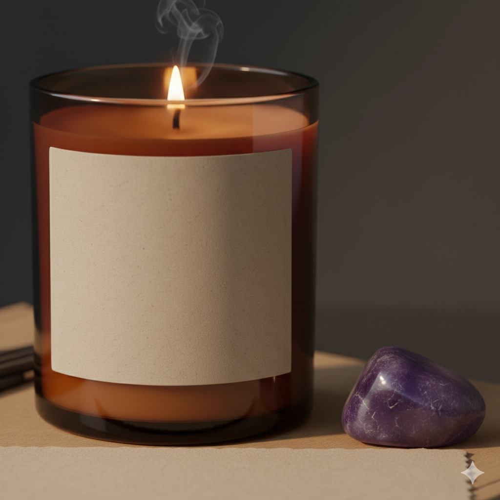 Close-up of amber glass candle and amethyst stone from night ritual kit