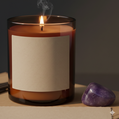 Close-up of amber glass candle and amethyst stone from night ritual kit