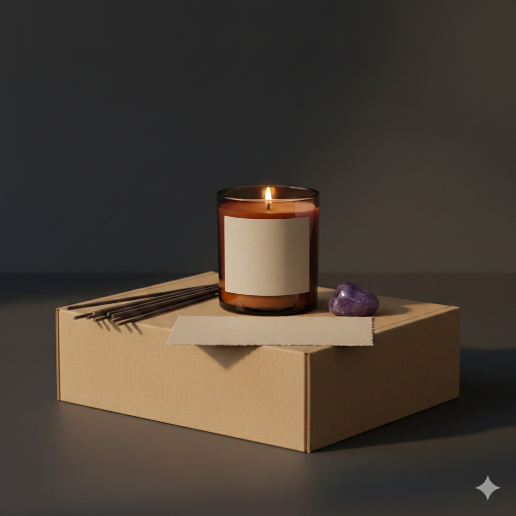 Night-time calm ritual kit with candle, amethyst stone and incense