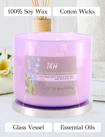 Sage Lavender Cedar Candle 3 Wick | Large Scented Candle for Home 15.8 Oz | Energy Cleansing Candle, Sage Candle | Natural Soy Candle Clean Burn | Lavender Candle Aromatherapy, Gift for Women & Men