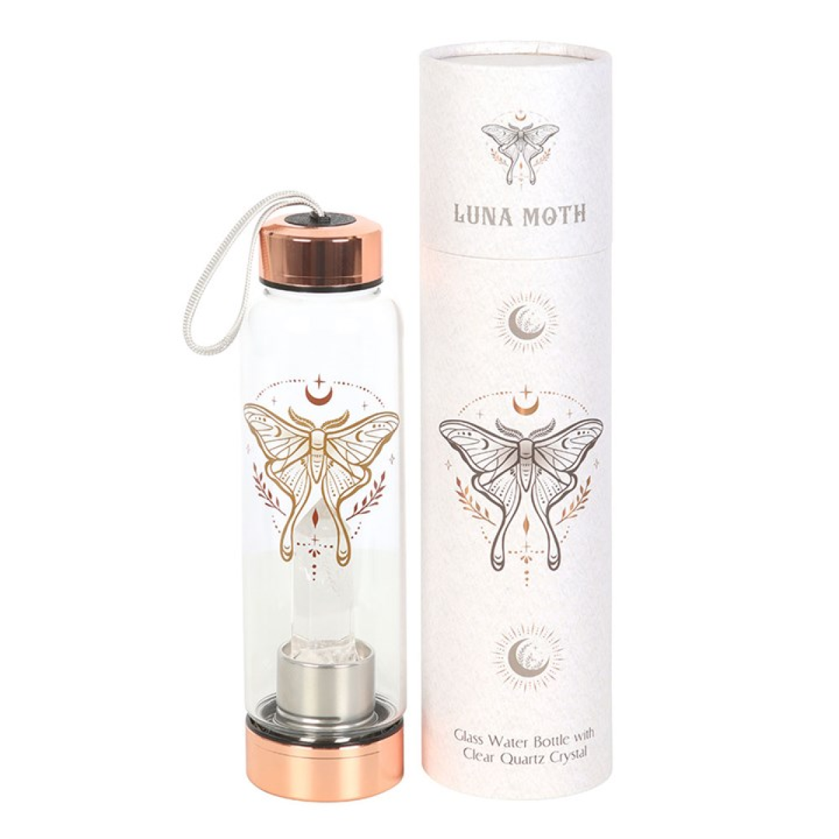 Clear Quartz Crystal Glass Water Bottle – Luna Moth Design 500ml Mindful Hydration Bottle