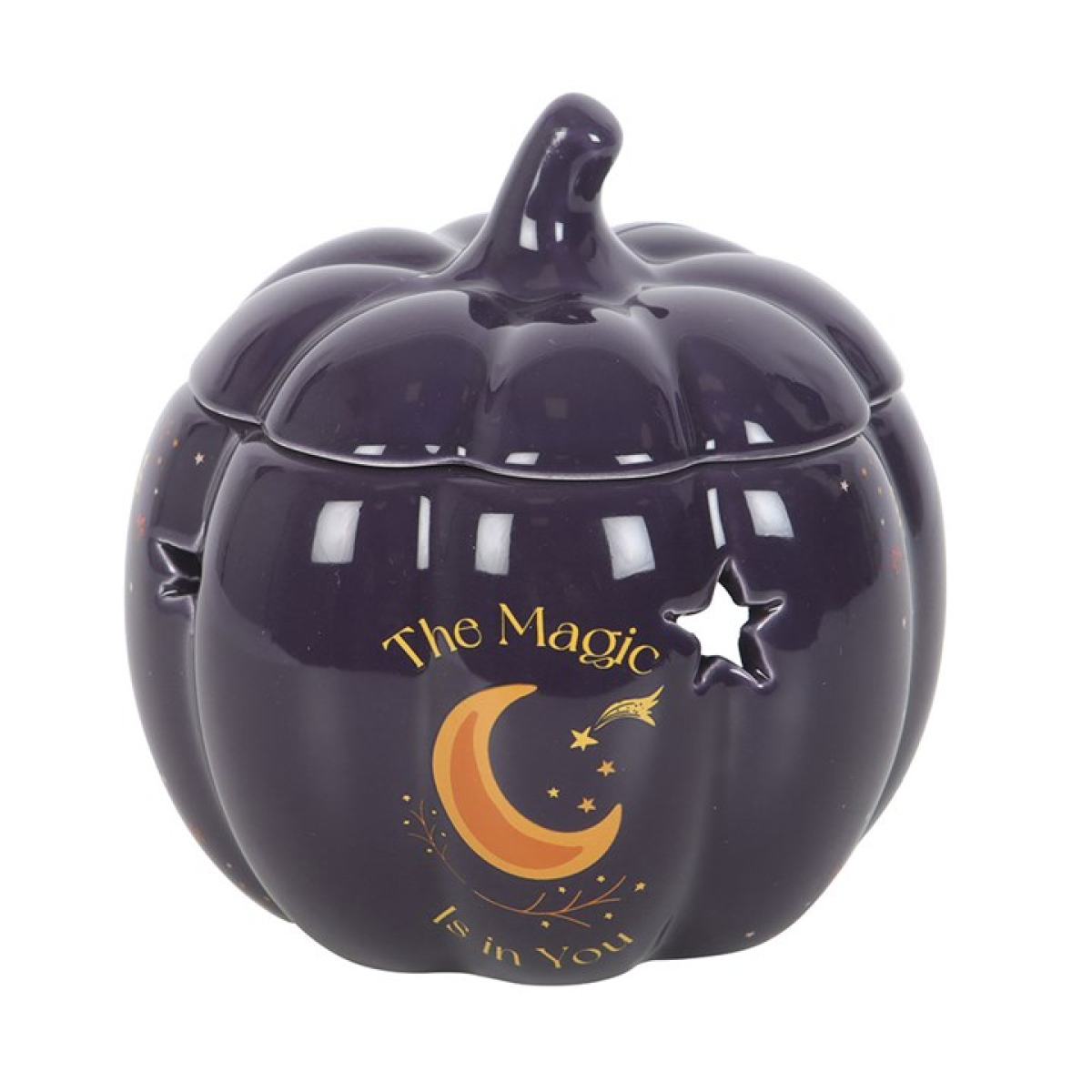 Midnight Blue Pumpkin Oil Burner – Autumn Ceramic Wax & Fragrance Diffuser with Golden Moon & Stars