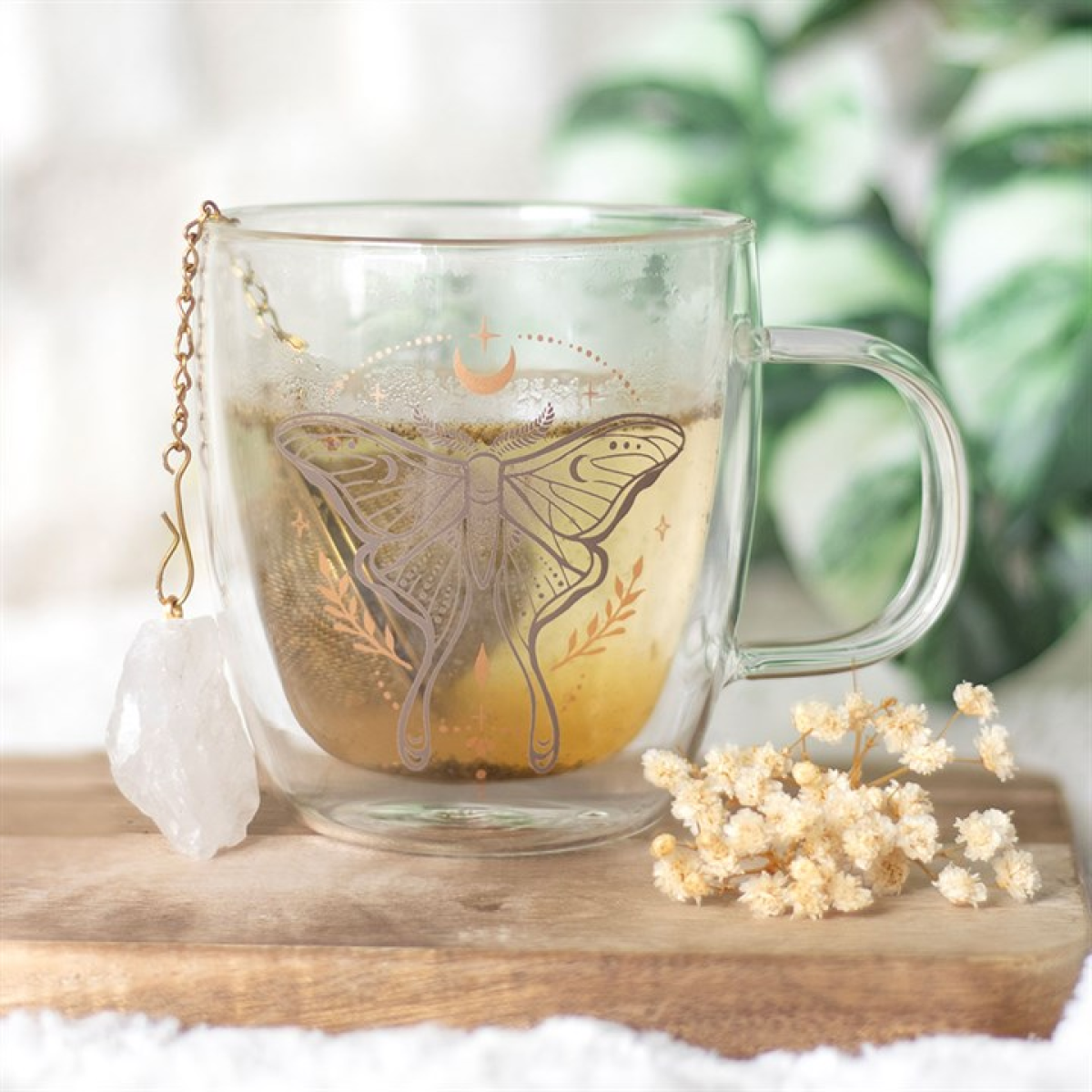 Luna Moth Glass Mug with Clear Quartz Infuser – Double-Walled Design