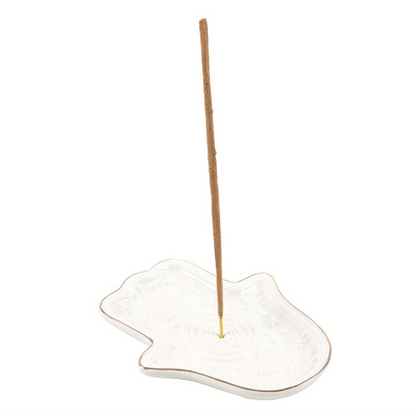 White Ceramic Hand of Hamsa Incense Holder – Protection, Peace & Spiritual Harmony