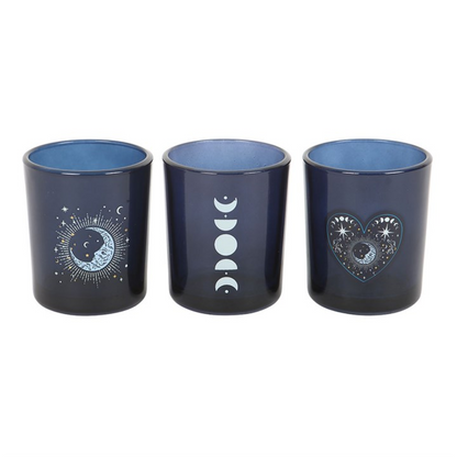 Moon-Themed Glass Votive Candle Holder Set (3 Pack) – For Celestial Rituals & Décor