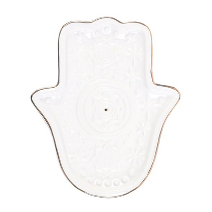 White Ceramic Hand of Hamsa Incense Holder – Protection, Peace & Spiritual Harmony