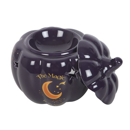 Midnight Blue Pumpkin Oil Burner – Autumn Ceramic Wax & Fragrance Diffuser with Golden Moon & Stars