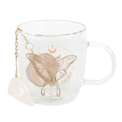 Luna Moth Glass Mug with Clear Quartz Infuser – Double-Walled Design