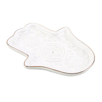 White Ceramic Hand of Hamsa Incense Holder – Protection, Peace & Spiritual Harmony