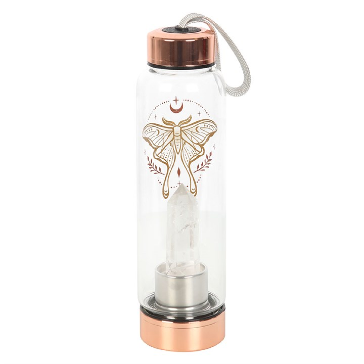 Clear Quartz Crystal Glass Water Bottle – Luna Moth Design 500ml Mindful Hydration Bottle