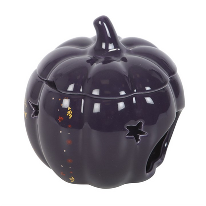 Midnight Blue Pumpkin Oil Burner – Autumn Ceramic Wax & Fragrance Diffuser with Golden Moon & Stars