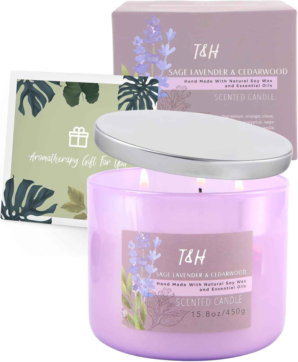 Sage Lavender Cedar Candle 3 Wick | Large Scented Candle for Home 15.8 Oz | Energy Cleansing Candle, Sage Candle | Natural Soy Candle Clean Burn | Lavender Candle Aromatherapy, Gift for Women & Men