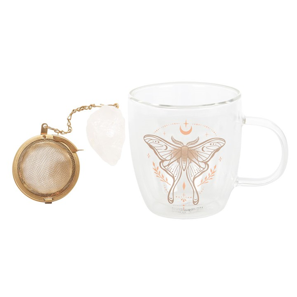 Luna Moth Glass Mug with Clear Quartz Infuser – Double-Walled Design