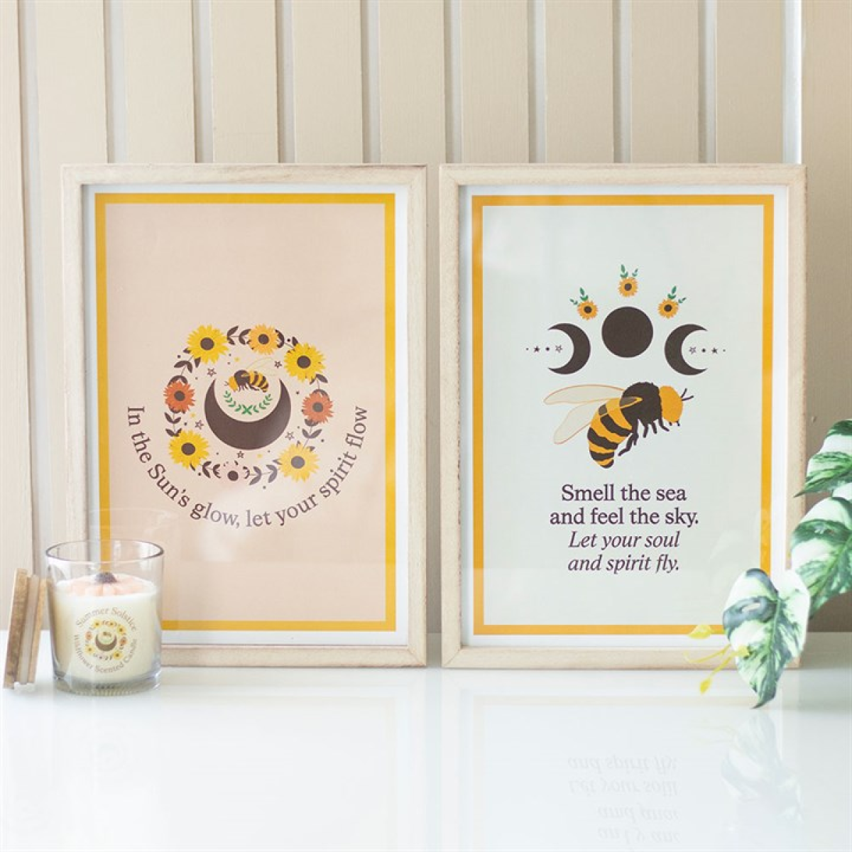 Summer Solstice Framed Print – Bee, Sunflowers & Moon Rustic Wall Art