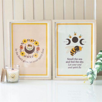 Summer Solstice Framed Print – Bee, Sunflowers & Moon Rustic Wall Art