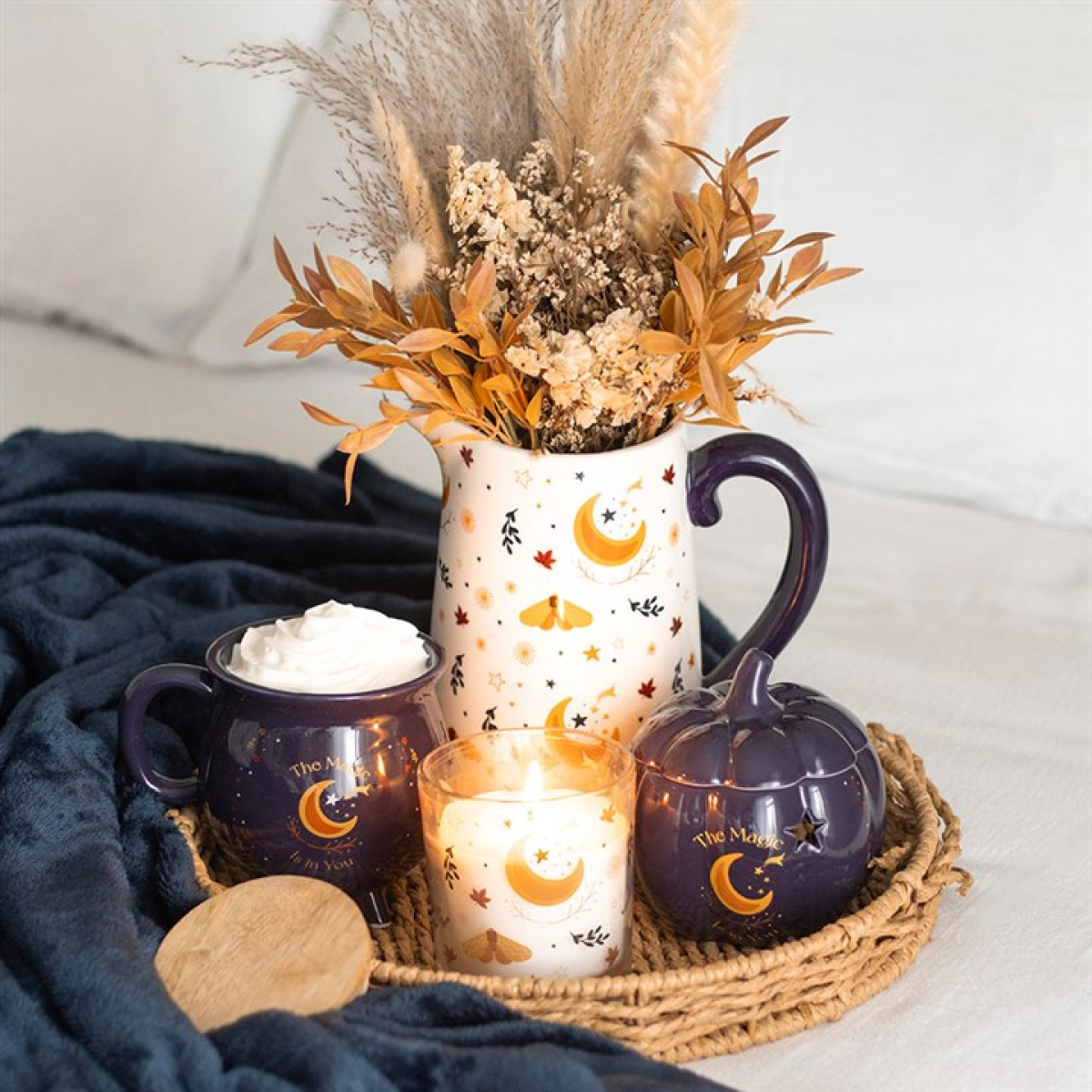 Midnight Blue Pumpkin Oil Burner – Autumn Ceramic Wax & Fragrance Diffuser with Golden Moon & Stars