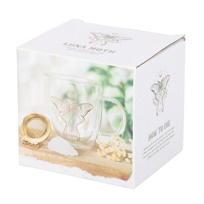 Luna Moth Glass Mug with Clear Quartz Infuser – Double-Walled Design
