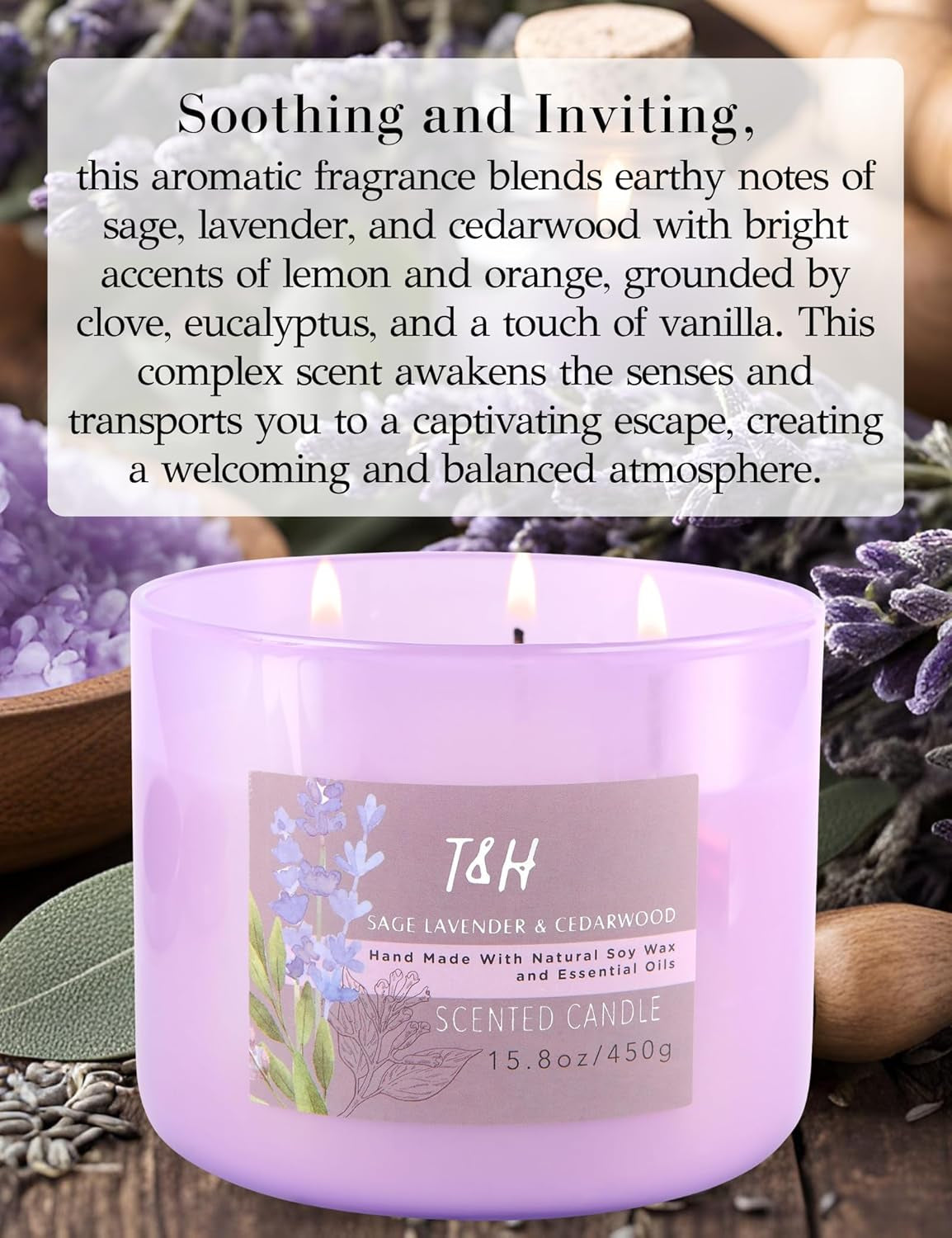 Sage Lavender Cedar Candle 3 Wick | Large Scented Candle for Home 15.8 Oz | Energy Cleansing Candle, Sage Candle | Natural Soy Candle Clean Burn | Lavender Candle Aromatherapy, Gift for Women & Men
