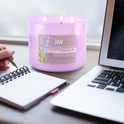 Sage Lavender Cedar Candle 3 Wick | Large Scented Candle for Home 15.8 Oz | Energy Cleansing Candle, Sage Candle | Natural Soy Candle Clean Burn | Lavender Candle Aromatherapy, Gift for Women & Men