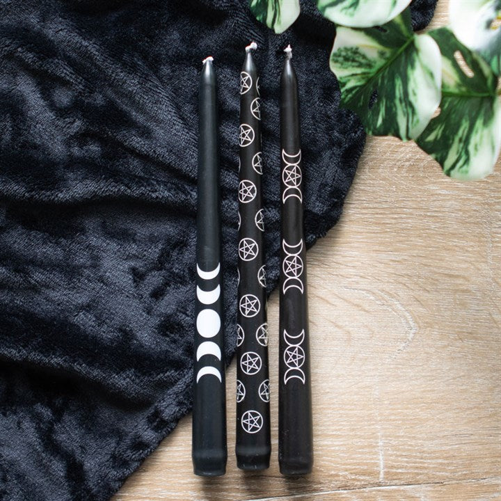 Moon Phases & Pentagram Ritual Candle Set – 3 Mystical Black Taper Candles