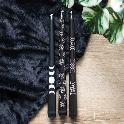 Moon Phases & Pentagram Ritual Candle Set – 3 Mystical Black Taper Candles