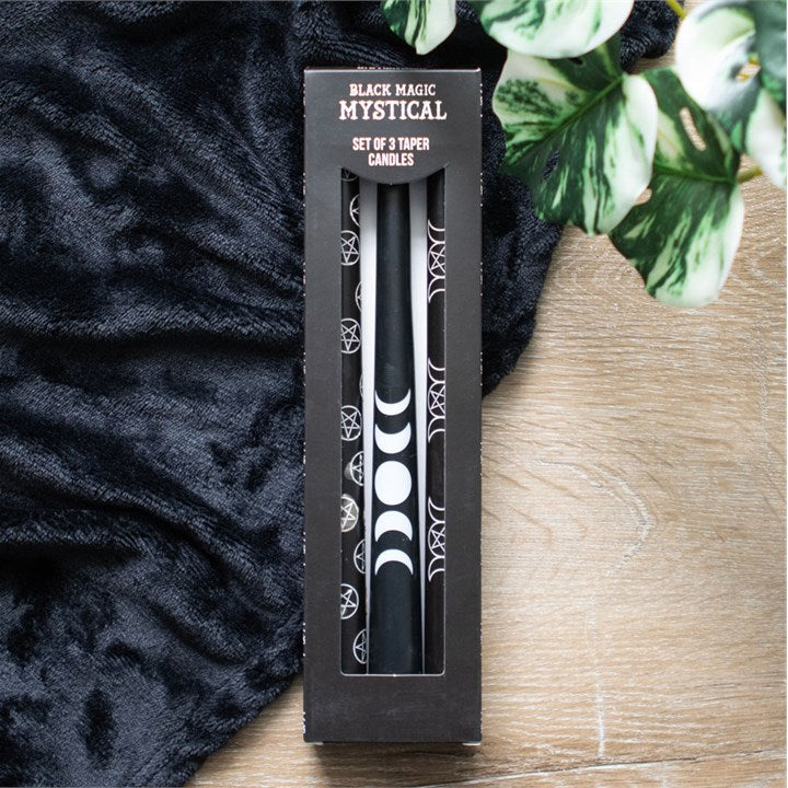 Moon Phases & Pentagram Ritual Candle Set – 3 Mystical Black Taper Candles